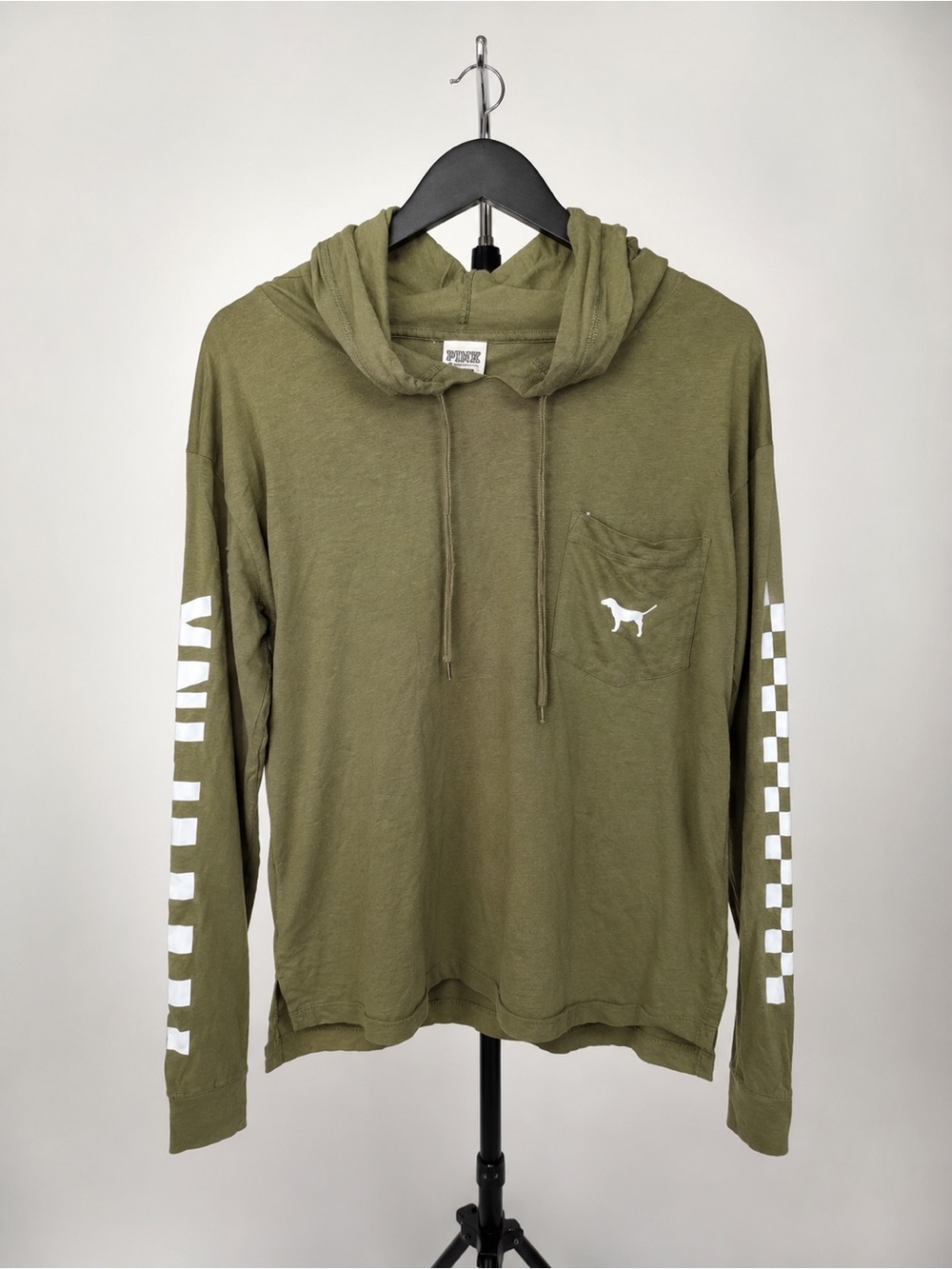 Victoria’s Secret PINK Large Olive Green Checkered Logo Hooded Long Sleeve Top